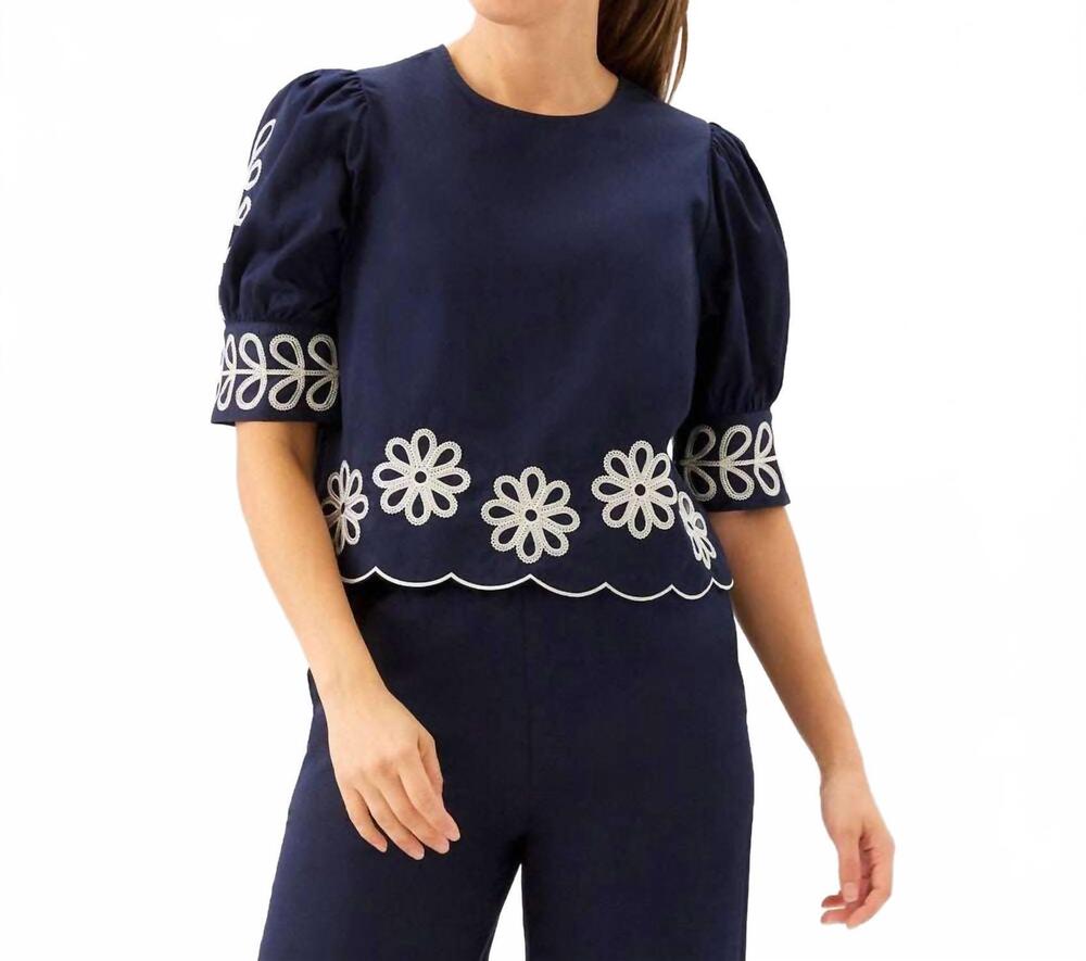 NEW KAREN KANE embroidered blouson sleeve scallop top - petite in navy